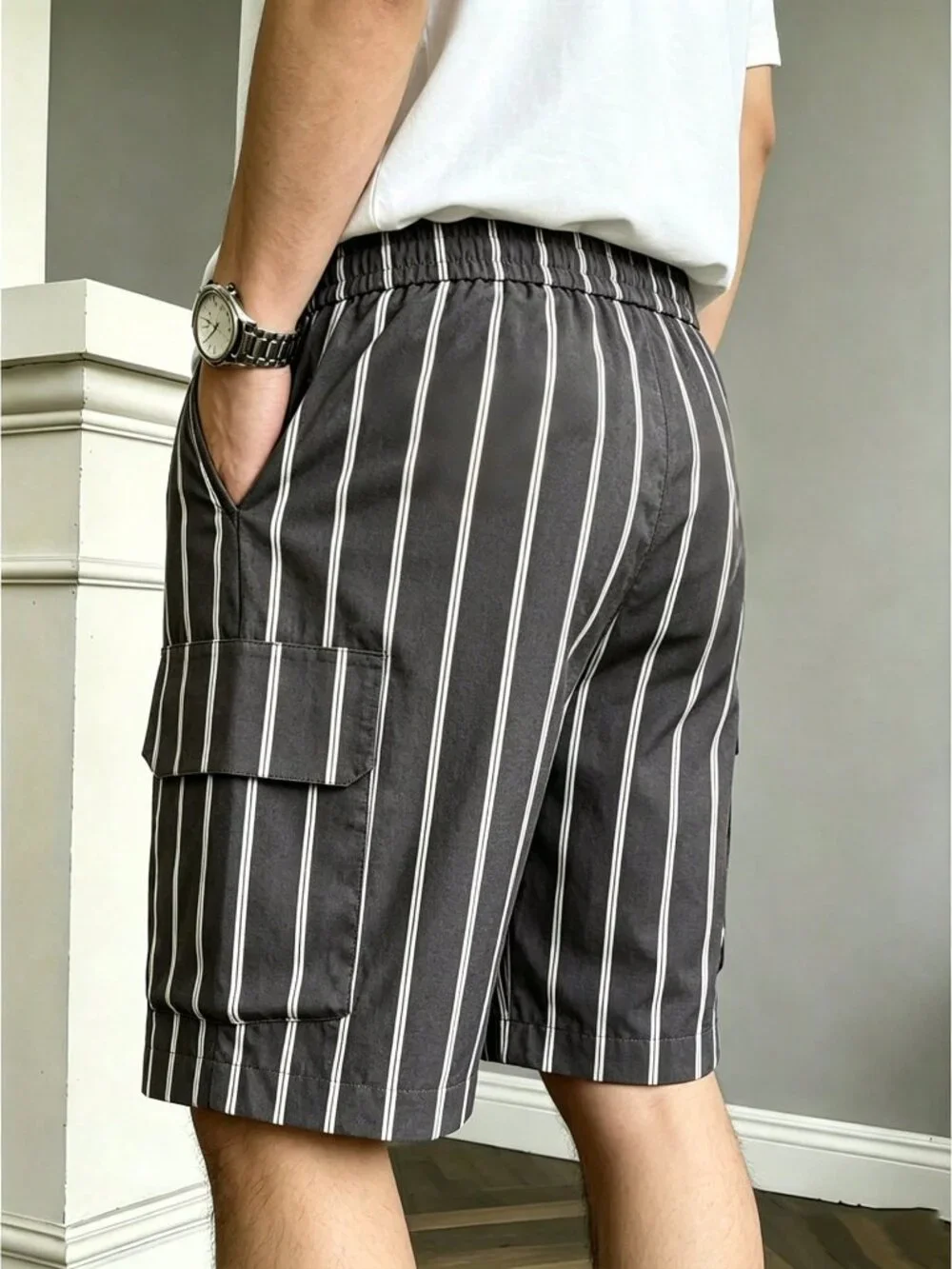 Multicolor Casual Men's Striped Loose Casual Cargo Shorts With Side Pockets